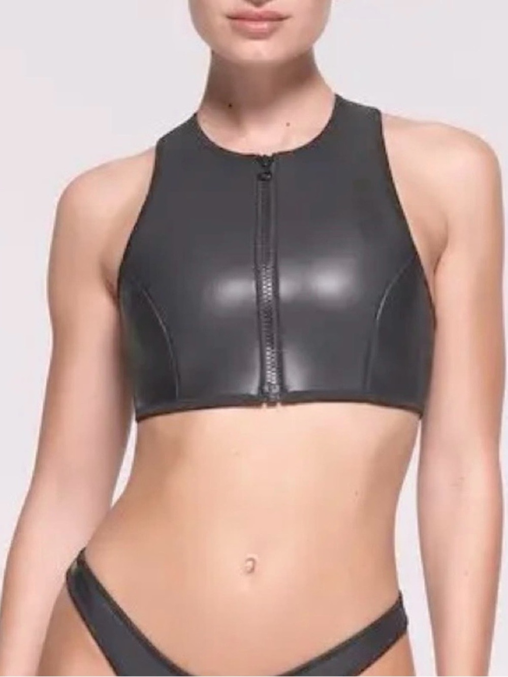 Skims Rubberized Scuba Swim Front-Zip High Neck Crop Bikini Top Onyx Black 2X